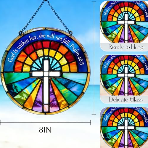 8" Sun Catcher Stained Glass Stained Glass Window hangings - God is Within Her Psalm 46:5 Bible Verse Design - Colorful Rose Window Cross Religious Suncatcher - Christian Gift for Women