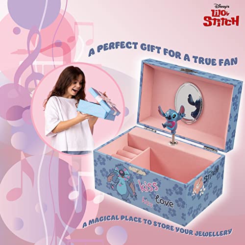 Disney Stitch Jewelry Box for Girls, Ring Holder with Wind Up Music, Jewelry Organizers and Storage for Bedroom Decor, Travel, Gifts for Girls Blue