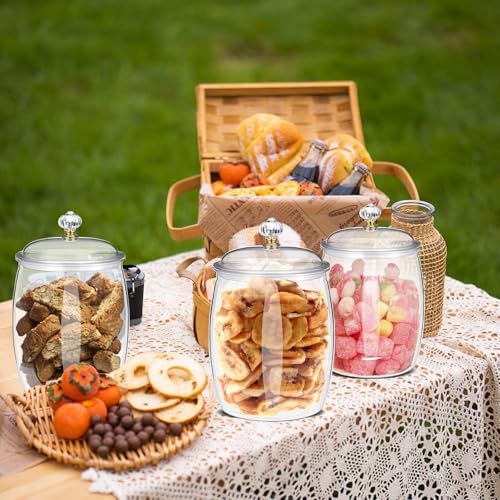 Six SENONAPO plastic cookie jars with lids, 42 oz capacity, clear containers ideal for storing candies or baked goods.