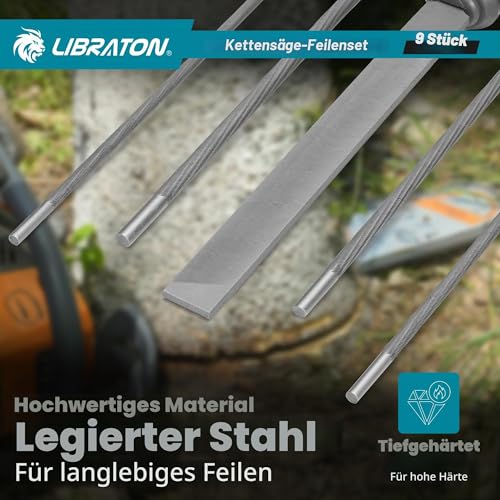 Libraton 9-Piece Chainsaw File, 4.0/4.8/5.5 mm Chainsaws Sharpening | Round file chainsaw, 153 mm flat file, depth gauge, sharpening guide, rail groove cleaner, bag, for chainsaws Pack of 9