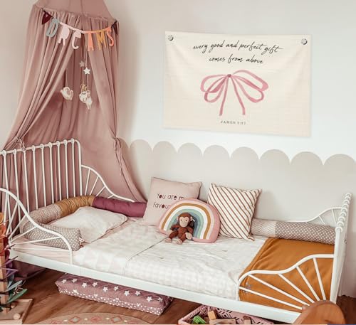 Christian Wall Decor Bible Verse Canvas Banner Pink Bow Wall Art James 1:17 (Cream color2)