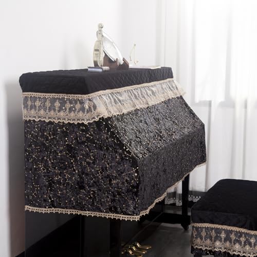 Luxury Velvet Piano Cover for Upright Pianos, Black with Gold Stars and Lace Trim, Quilted Top