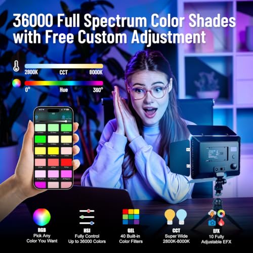 Mettlelite SL240C RGB LED Video Light with Barndoor & Mini Tripod, APP Control 360° Full Color RGB Panel, Ultra Bright 2800K-8000K, 40 Gels,10 Light Effects,Portable Studio Light for Content Creation