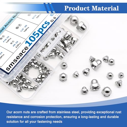 smseace 105-piece 304 stainless steel SAE acorn nuts assortment kit, silver nut and bolt set sealed in organizer case
