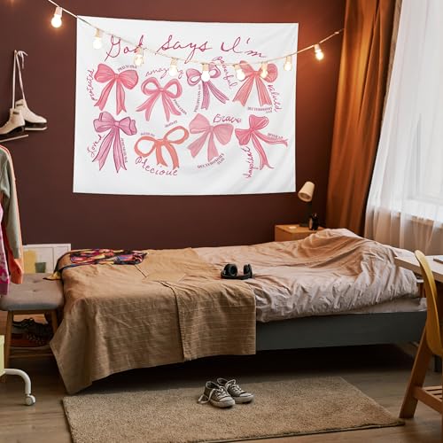 AQYIP Coquette Pink Bow Christian Tapestry, God Says I Am Motivational Bible Verse Tapestry, Pink Girly Christian Wall Blanket Decor for Girls Room Dorm Apartment, 50x60 Inch 4 - god says i am