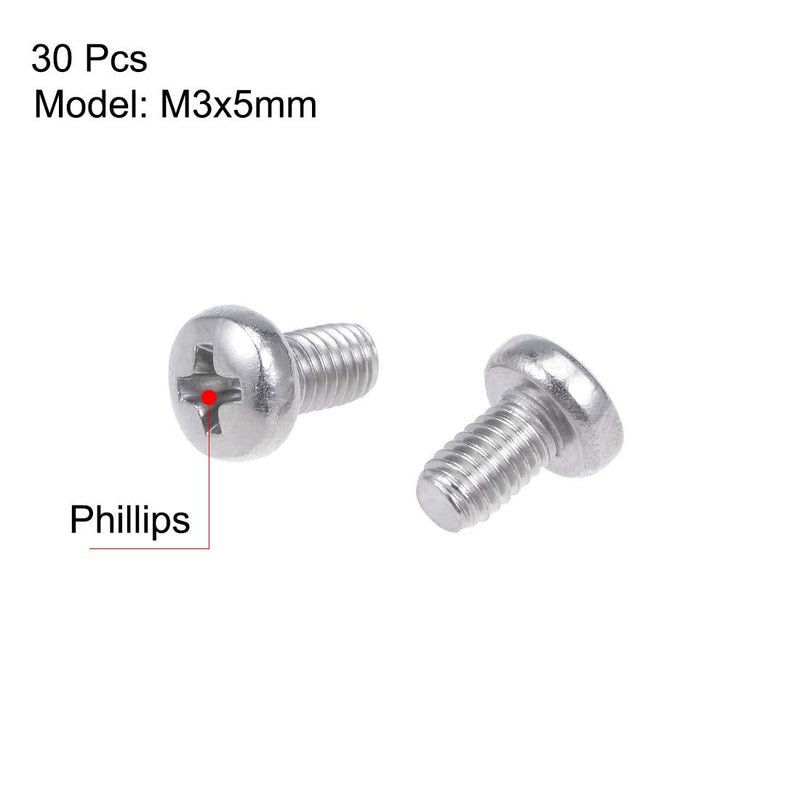 [Australia - AusPower] - uxcell M3x5mm Machine Screws Pan Phillips Cross Head Screw 304 Stainless Steel Fasteners Bolts 30Pcs 