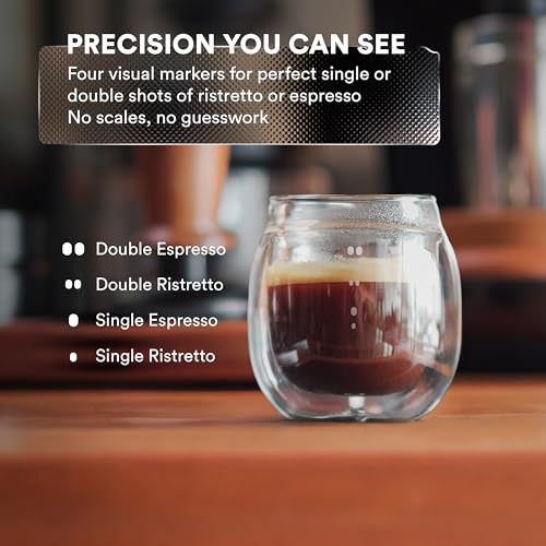 ovalware Espresso Pouring Glass Set of 2 | Double-Wall 2.7oz/80ml Shot Measuring Cup | Heat Protective Comfort | Oval Measurement Dots for Ristretto and Espresso | Drip-Free Precision Spout