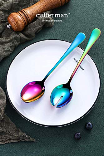 Color rainbow Serving utensils set. Stainless Steel Large Hostess Flatware Sets 7-Piece Includes Silverware Large Salad Spoons,Forks,knife.Dishwasher Safe