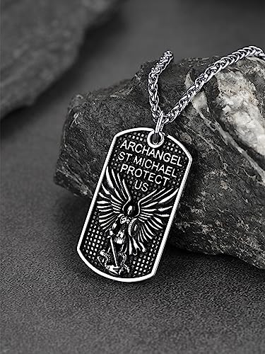 FaithHeart Saint Michael Necklace, Stainless Steel Archangel St Michael Shield/Coin/Dog Tag Pendant Necklaces for Men, Catholic Prayer Jewellery - With Gift Box Dog Tag-Steel