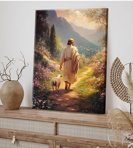 ZWTJPLN Jesus & Lamb on Path Canvas Wall Art - Christian Religious Decor (12x16/16x24 Inches) for Home, Church & Prayer Spaces Canvas Sheep 24"L x 16"W