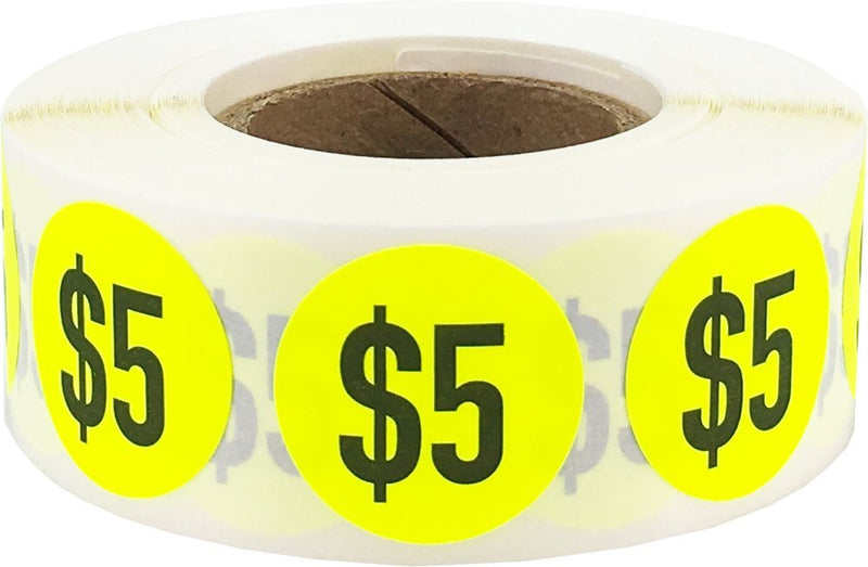 $5 Price Stickers Fluorescent Yellow .75 Inch Round Circle Dots 500 Total Adhesive Stickers $5