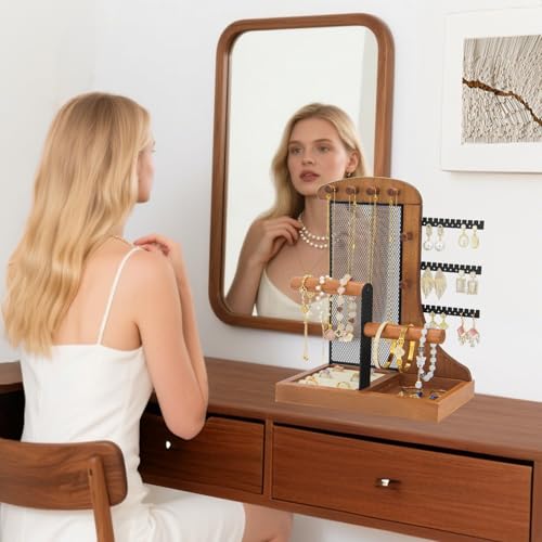 KOOAAICCHI Wooden Jewelry Organizer Stand with Display Tray-Brown Wooden Brown+Metal Black