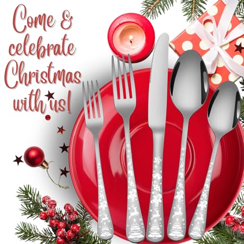 Vilihkc 20-Piece Christmas Style Silverware Set,Stainless Steel Flatware Set, Kitchen Utensil Set Service for 4,Tableware Cutlery Set for Home and Restaurant,Dishwasher Safe Silver