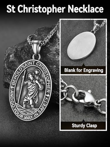 FaithHeart St Christopher Necklace for Men, Personalised Saint Christopher Pendant Catholic Jewellery Stainless Steel/Gold/Black, Patron Saints of Travellers Christening Gifts for Boys Child 08.oval-steel