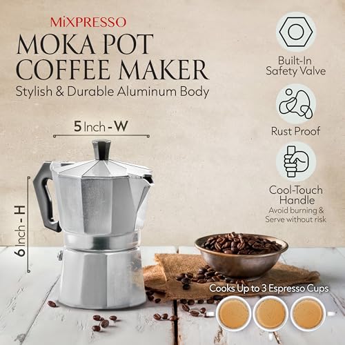 Mixpresso 3 Cup Moka Pot Stovetop Espresso Maker, Italian Cuban Coffee Pot Stainless Steel 3 Espresso Cups