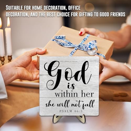 Christian Inspirational Wooden Sign,Bible Verse Psalm 46:5 Wood Plaque Sign, God is Within Her, She Will Not Fail, Christian Decor Bible Verses Sign for Home Office Desk Decor, 5.9x5.9Inches (Grey) Grey