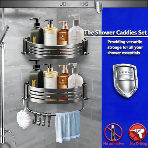 Suction Cup Shower Caddy - No Drilling Removable, Corner Shower Shelves - Aluminum Rustproof, Corner Shower Caddy with Towel Bar & Hooks for Bathroom Organizer (2-Pack Gunmetal Gray) Triangles (8hooks &1Towel Bar)