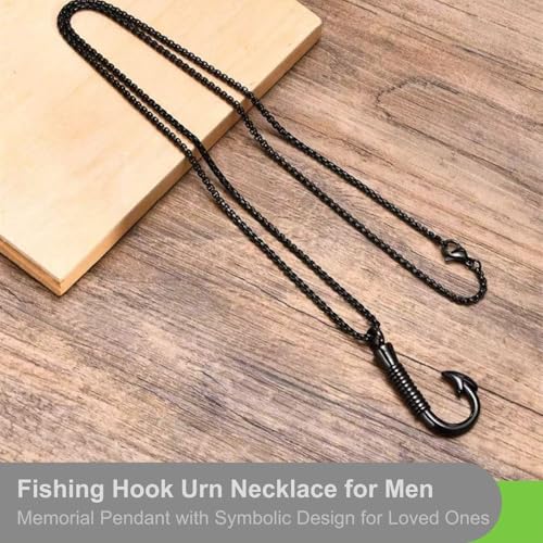 Urn Necklace for Men Stainless Steel Fishing Hook Pendant Charm that Holds Human Ashes Mens Cremation Jewelry Ash Holder Memorial Fish Pendants and Urns for Ash Tribute