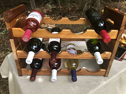 Kalmar Home acacia wood stackable wine rack with four bottles, freestanding design, measures 20.25" x 9" x 5"