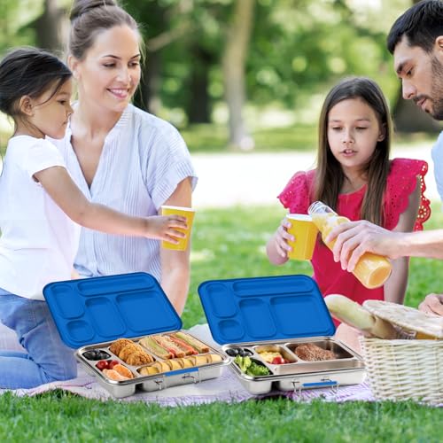 Stainless Steel Bento Box for Adults & Kids, 5-Compartment Lunch Box with 2 Sauce Containers, BPA-Free Bento Lunch Container, Dishwasher Safe, School & Work Meal Prep Lunch Container (Blue) Blue