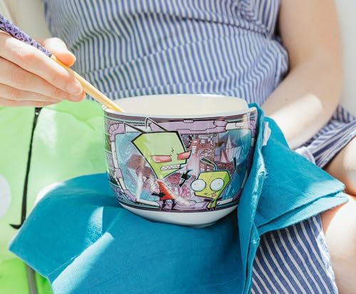 Silver Buffalo Invader Zim and GIR Ceramic Ramen Dinnerware Set | Includes 20-Ounce Noodle Bowl and Wooden Chopsticks