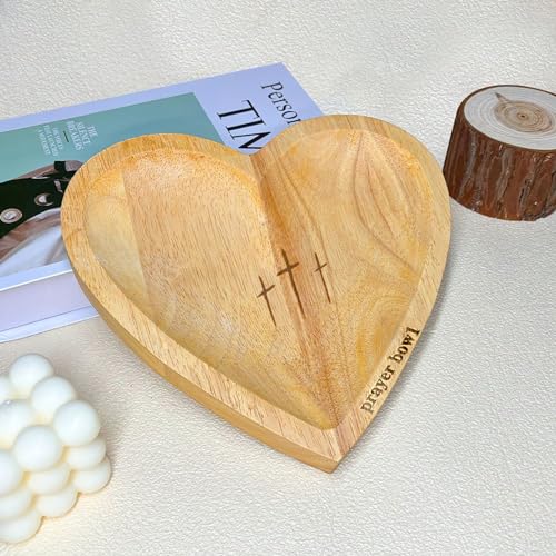 Heart Shaped Prayer Bowl with 24 Cards - Wooden Religious Dough Bowl with Cross for Christian Congregation Gifts Yellow