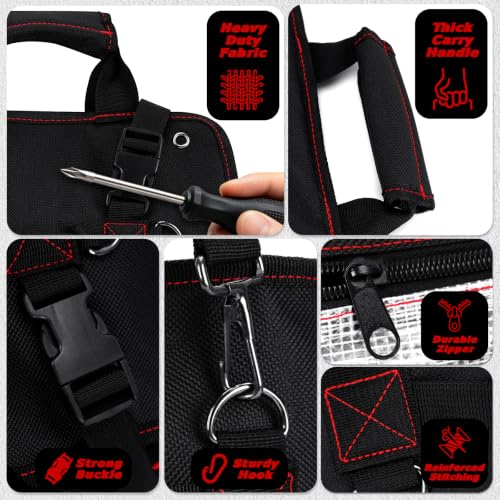 LIBKUR black tool roll bag with 13 pockets and clear pouches rolled open for tool storage