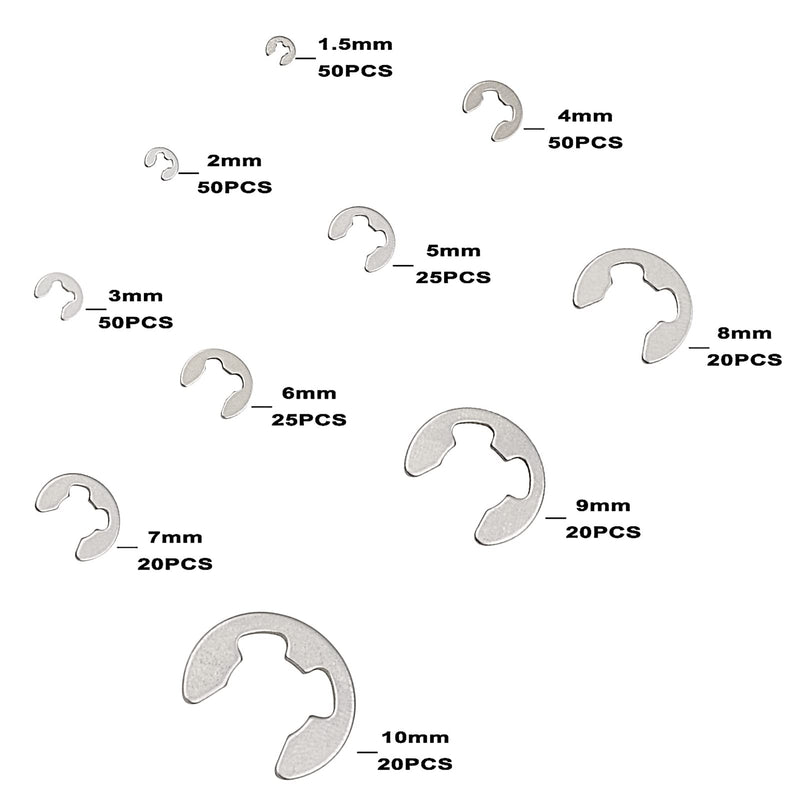 [Australia - AusPower] - 330PCS Metric 1.5mm-10mm 304 Stainless Steel E-Clips External Retaining Rings Assortment Kit;Side-Mount External Retaining Circlip Rings 