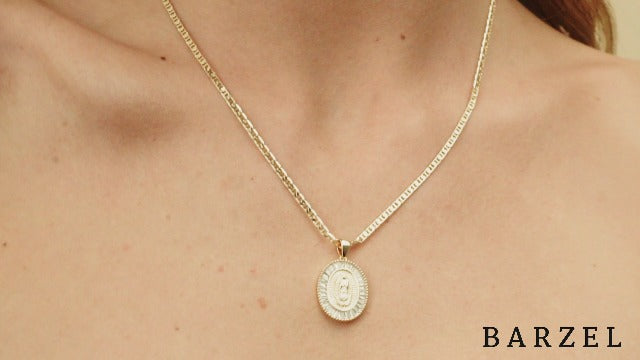 Barzel 18K Gold Plated Flat Mariner/Marina 060 3MM Chain Necklace With Cubic Zirconia Virgin Mary Guadalupe Charm Pendant 18 Inches