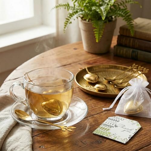30 Sets Bridal Shower Tea Party Favor Include Organza Bag Thank You Card Heart Shape Infuser Ball Leaf Tea Spoon for Guest Wedding Souvenir Gift(Gold)