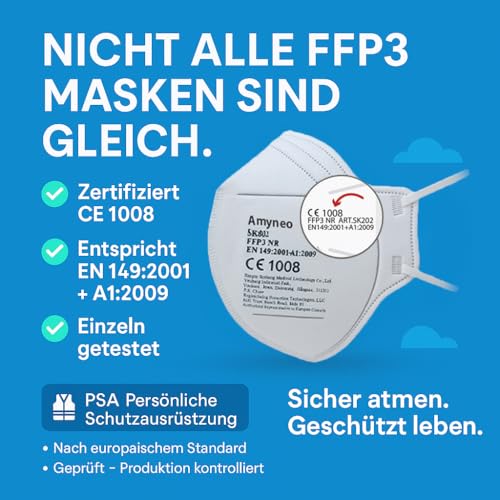 FFP3 Mouth and Nose Protection Mask with EC Certification, 5-Layer Mask without Valve, Dust and Particulate Protection Mask, Medical Protective Mask with High BFE Filter Efficiency ≥ 99, 10 Respirator Masks