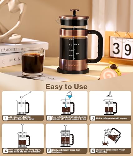 French Press Coffee Maker - 34 Ounce Classice Stainless Steel Coffee Press with 4-Level Filtration System, Heat Resistant Thickness Borosilicate Glass French Press Coffee Pot for Camping Travel Gift Copper