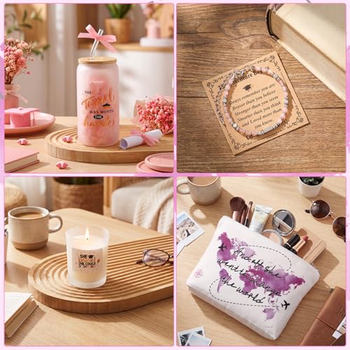 Potchen 7 Pcs Graduation Gifts for Girl Her Class of 2026 College High Graduation Gifts Box Set with 16oz Glass Cup Cosmetic Bag Bracelet Scented Candle with Box for Women Daughter Friend(Pink Purple) Pink Purple