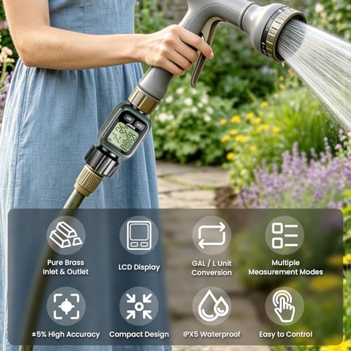 Water Flow Meter, ±5% Accuracy, Built-in Brass Inlet, 4 Measurement Modes, US Gallon/Liter Consumption & Flow Rate for Garden Hose, Lawn Sprinkler, Caravan Water Tank Filling, Spray Nozzle