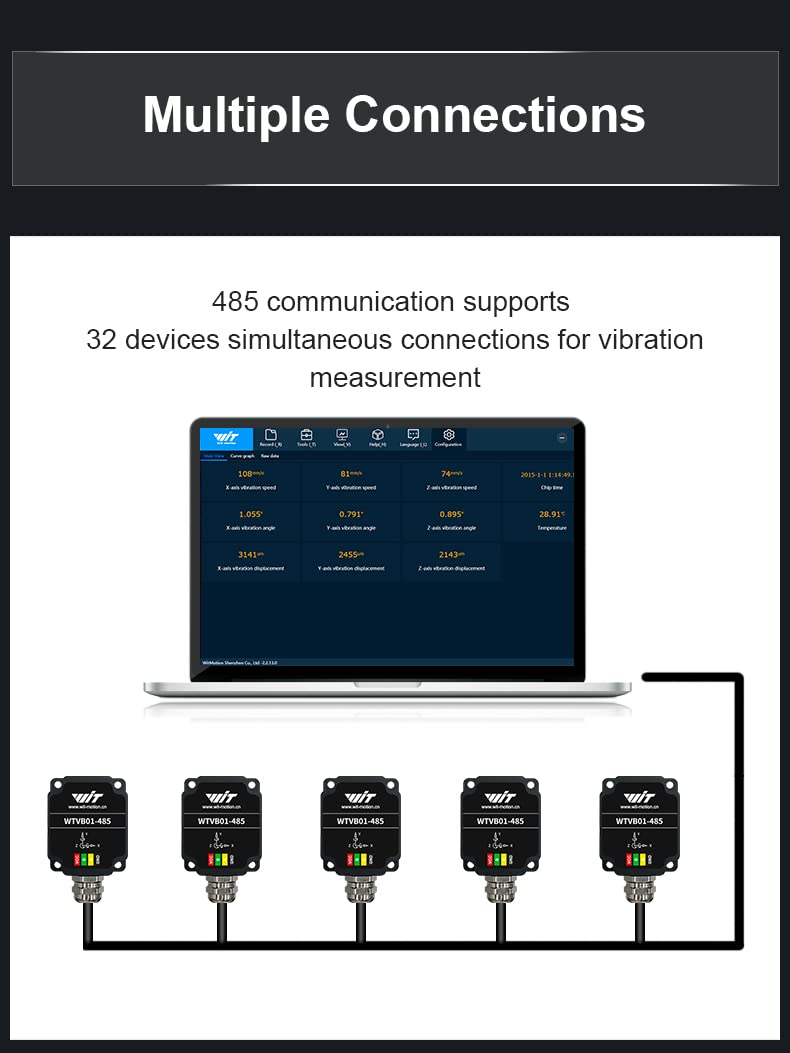 [Australia - AusPower] - WitMotion WTVB01-485 IPX8 Waterproof Vibration Sensor Transducer, Modbus RTU 3-axis (XYZ) Vibration Displacement(2000um)+Speed(50mm/s)+Amplitude(180°), for Structural Health Monitoring 