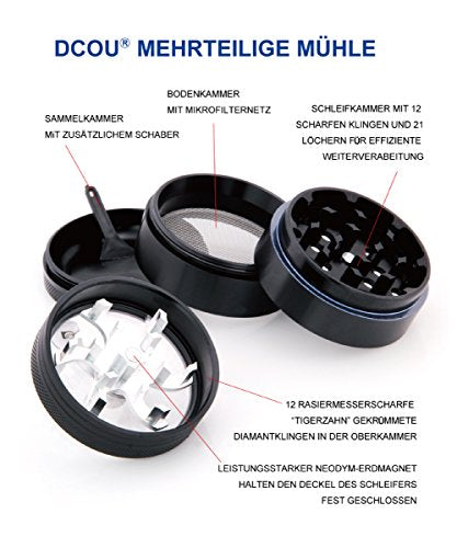 Dcou Premium Hand Crank Grinder 2.2 Inches 4 Piece with Pollen Catcher Durable Aluminium Spice Grinder for Kitchen (Black) Black