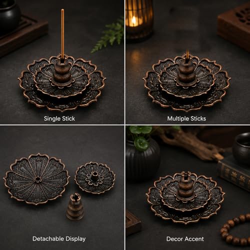 Incense Holder for Sticks, 3-in-1 Lotus and Gourd Incense Burner with Detachable Ash Catcher, Spiritual Japanese Decor for Yoga and Meditation Small