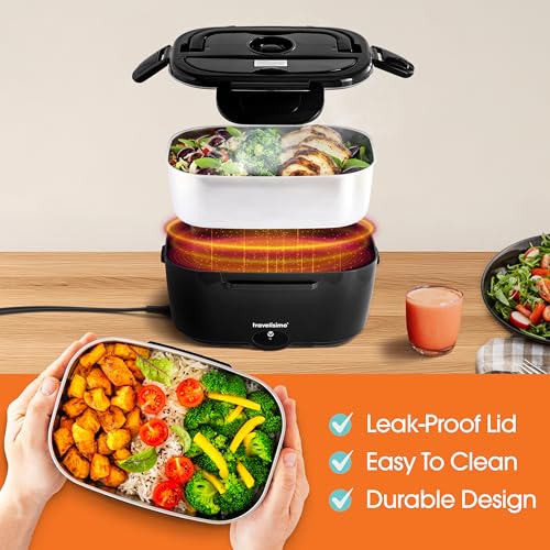 TRAVELISIMO Electric Lunch Box for Adults 100W Heated Lunch Box For Men 1.5L Stainless Steel Portable Food Warmer, 12/24/110V for Travel & Work, Loncheras Electricas Para Calentar almuerzo Black