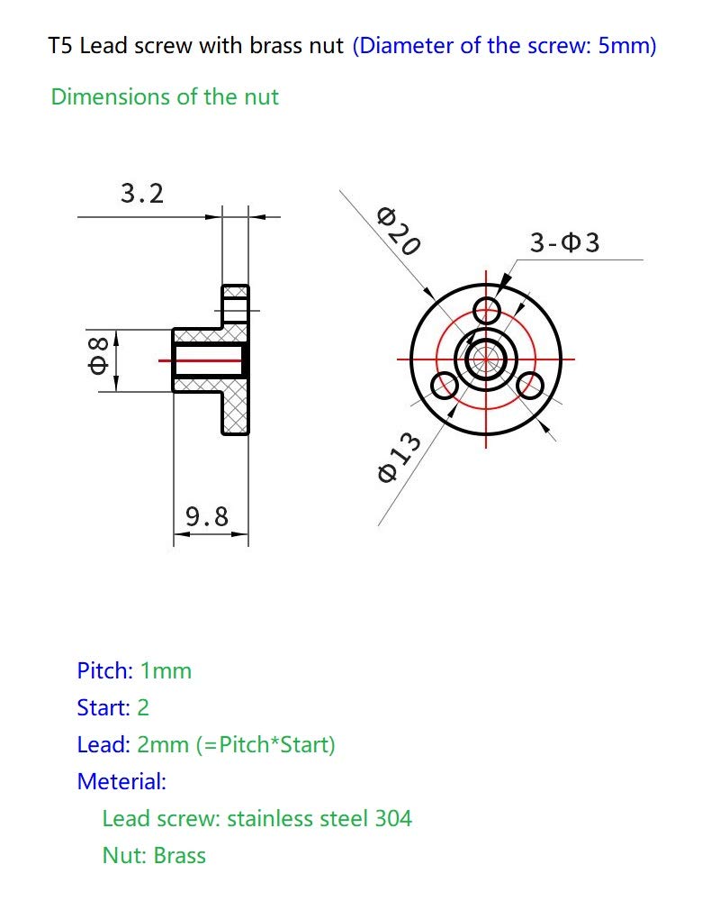 200mm T5 T5x2 Tr5x2 Lead Screw and Nut Kit (1mm Pitch, 2 Start, 2mm Lead) for 3D Printer and CNC Machine Z Axis 200mm+nut