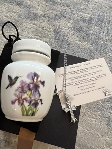 Mini Cremation Urn with Hummingbird and Iris Flower Design, White Ceramic Memorial Keepsake with Cross Necklace