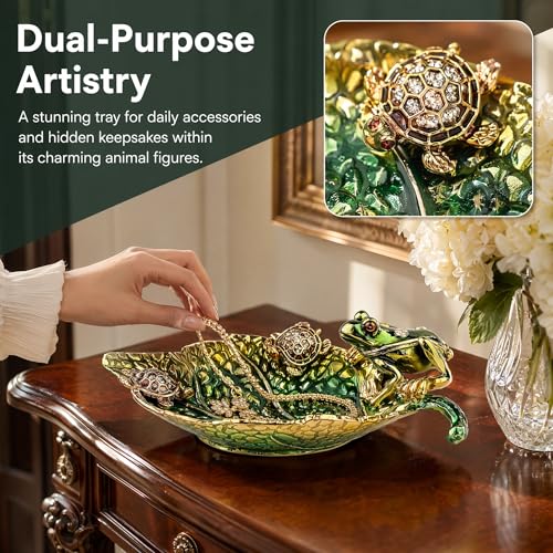 Hand-painted enamel leaf trinket dish featuring a frog and turtle design, ideal for jewelry rings and small accessories.