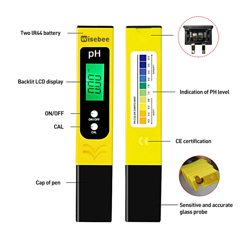 [Australia - AusPower] - Wisebee Digital pH Meter, Water Quality Tester Pen with High Accuracy | Backlit LCD Display | Pocket-Size | 0-14 PH Measurement Range| UL Certified | Battery Powered for Drinking, Aquarium, Pool, Lab 