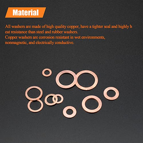 HELIFOUNER copper metric flat sealing washers assortment kit, 10 sizes including M5, M6, M8, M10, M12, M14 and M16