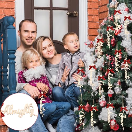 24 Pcs Names of Jesus Christ Ornament Wood Religious Decorations Farmhouse Christ Hanging Decoration with Savior Names Red Plaid Bow Rope for Church Decor