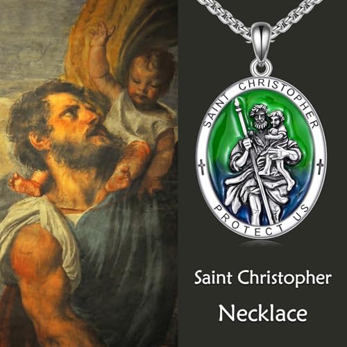925 Sterling Silver Patron Saint Medal Necklace Catholic Protection Pendant Amulet Religious Protector Jewelry for Men Women 10a-St Christopher