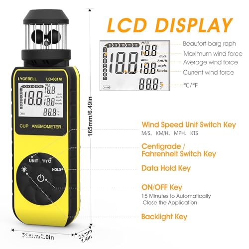 Wind Gauge, Handheld Digital Anemometer, Measures Wind Speed and Temperature with Compass, Wind Cup Anemometer for HVAC Vents, Surfing, Sailing (LC-881M)