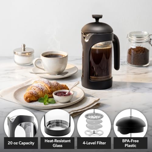 OVENTE 20oz French Press Coffee Maker with 4-Level Filtration, Black FPB20B 20 Ounce