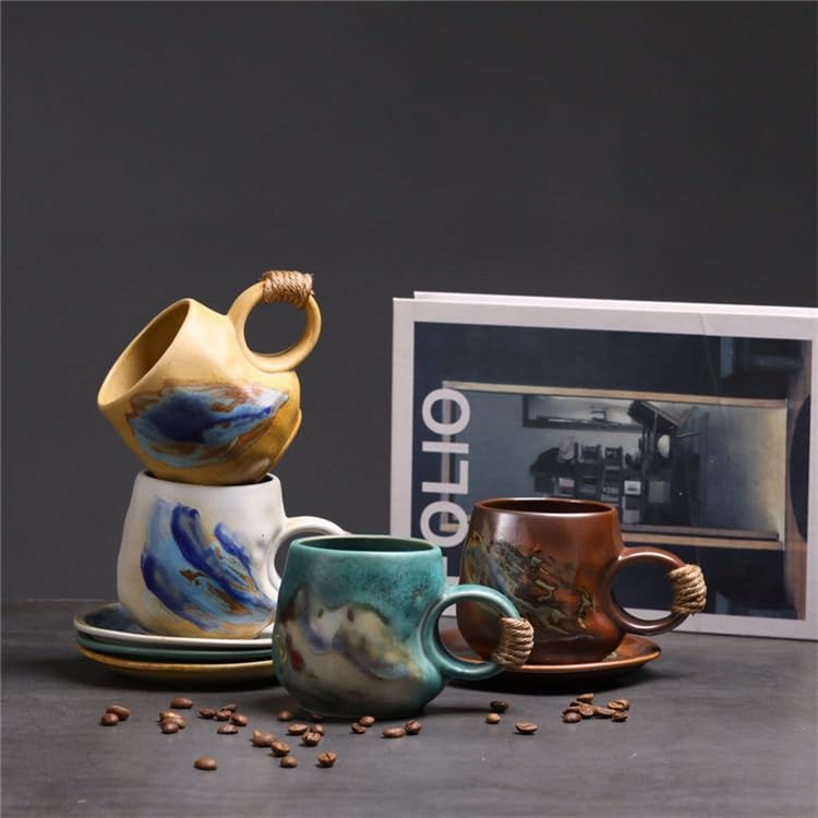 8oz Handmade Ceramic Tea Cup and Saucer set of 2, Small Artisanal Mug with saucer set , Lead-Free Latte Art Mug, Handcrafted Pottery tea mug with handle, Matching and Couple cups (White+Green set ) White+Green( 2 pcs set )
