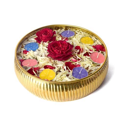 SATVIK Decorative 9.5 Inch Classic Pattern Embossed Brass Urli for Floating Candles Tea Lights Flowers Handcrafted Bowl Indian Festive for Home Office Mandir Living Room Table Top Diwali Décor Items DESIGN 2