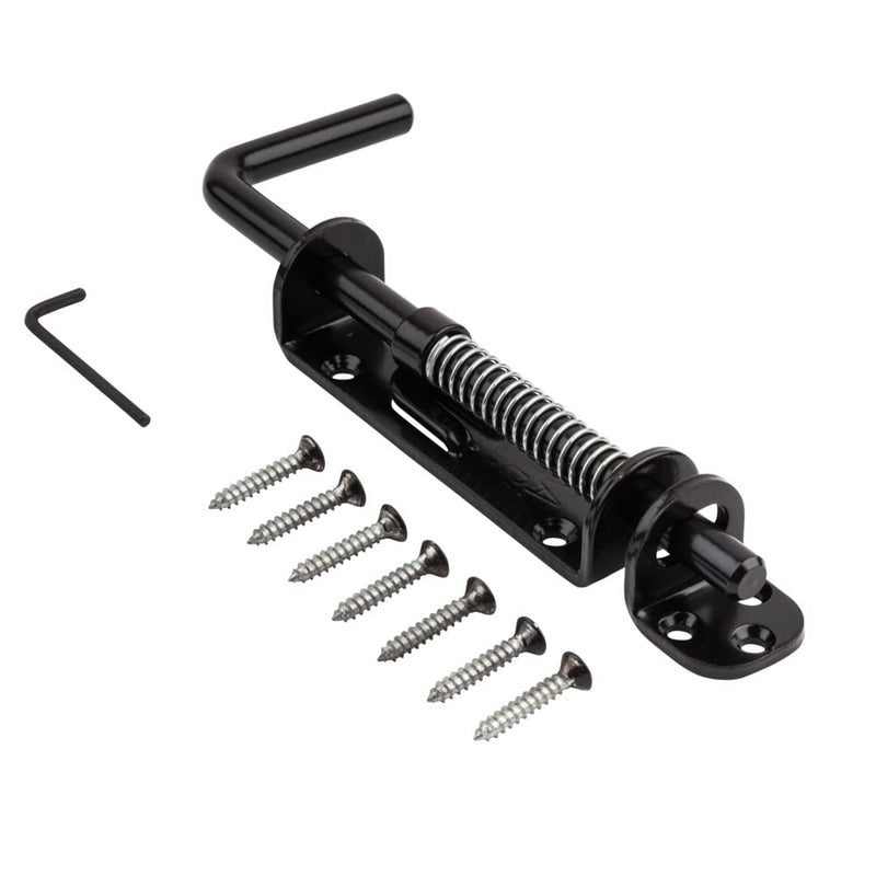 National Hardware N109-214 V1142 Spring Loaded Heavy Duty Sliding Door Bolt Latch - Black Steel Security Lock for Gates, Sheds and Stalls - Left or Right Hand Operation